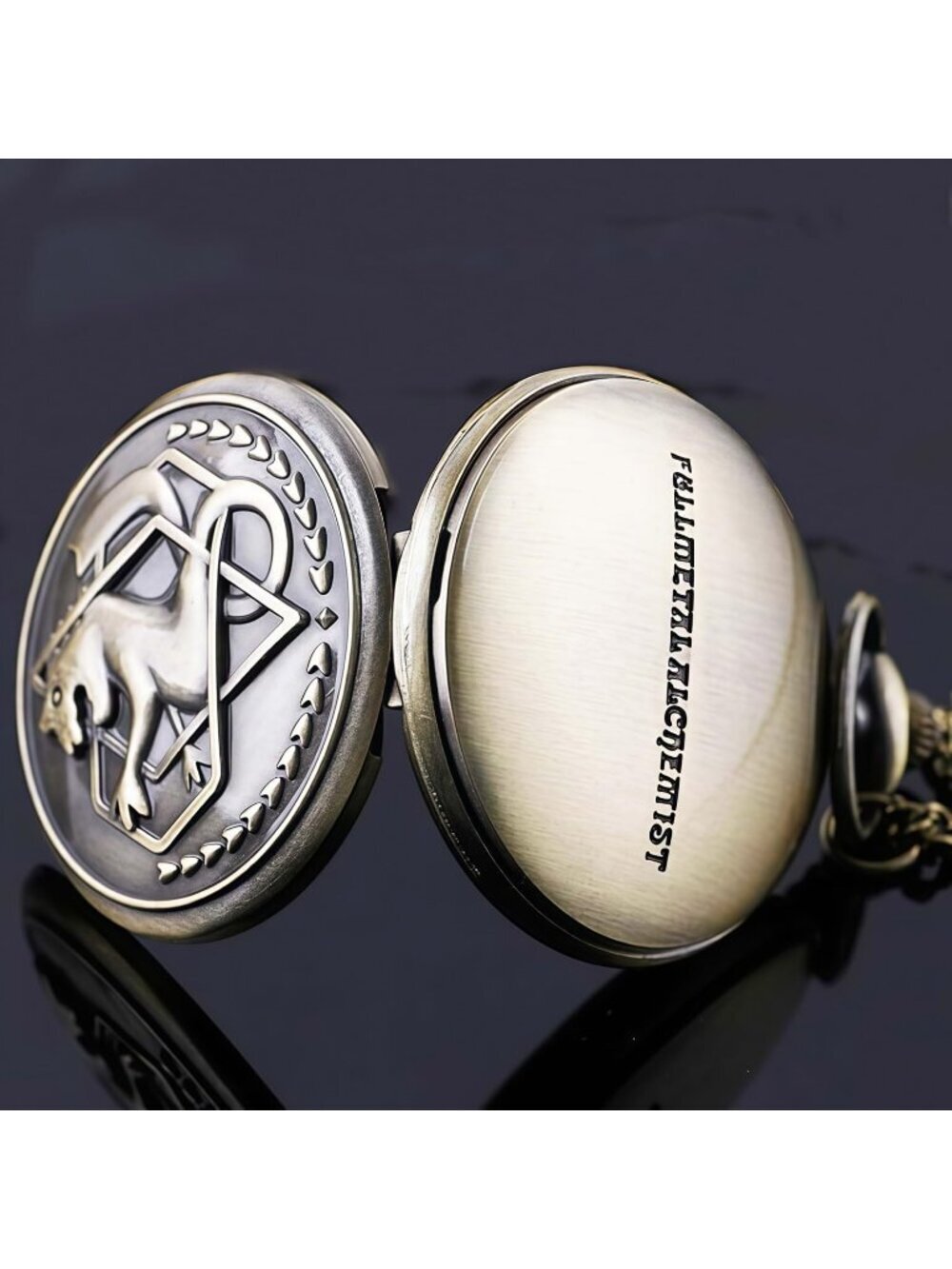 Men's Tan Quartz Engraved Fulmetal Alchenist Arabic Numerals Chain Pocket Watch - Picture 4 of 7